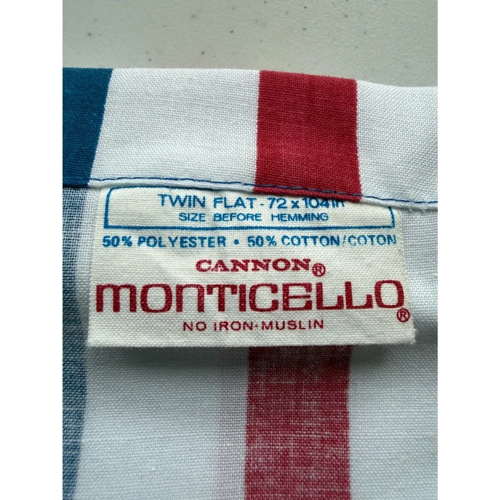 Vintage CANNON Monticello Red White Blue Stripe TWIN Flat Sheets Set Of 2 MCM